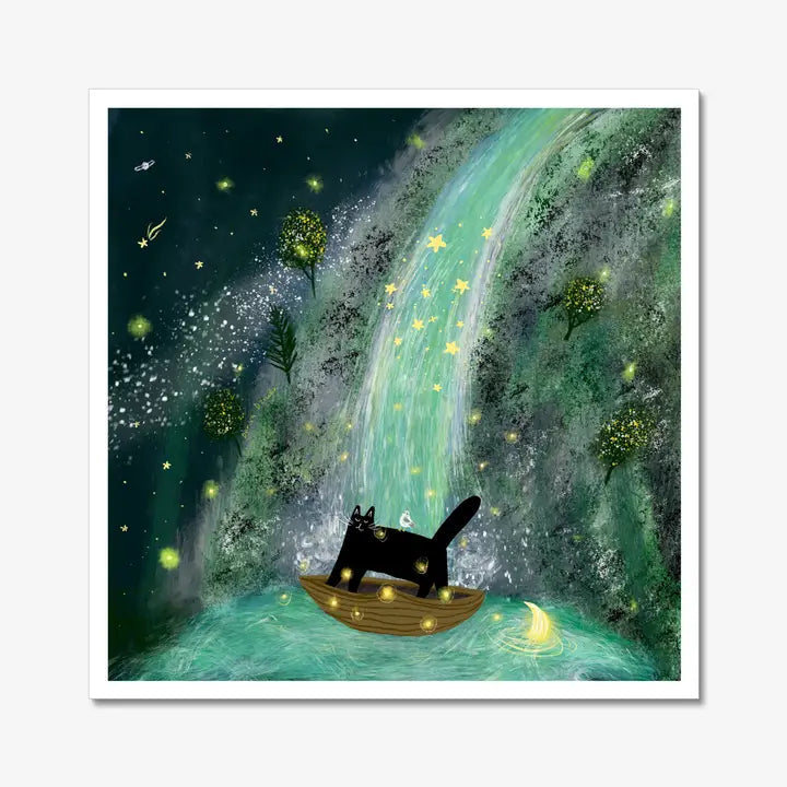 Impression D'art De Chat : Chat Sur Un Bateau Devant Une Cascade Étoilée