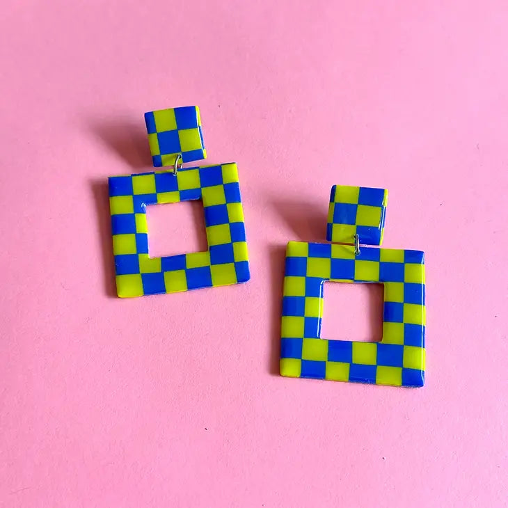 Retro Checker Square Dangle Earrings in Acid Green/Cobalt Checker