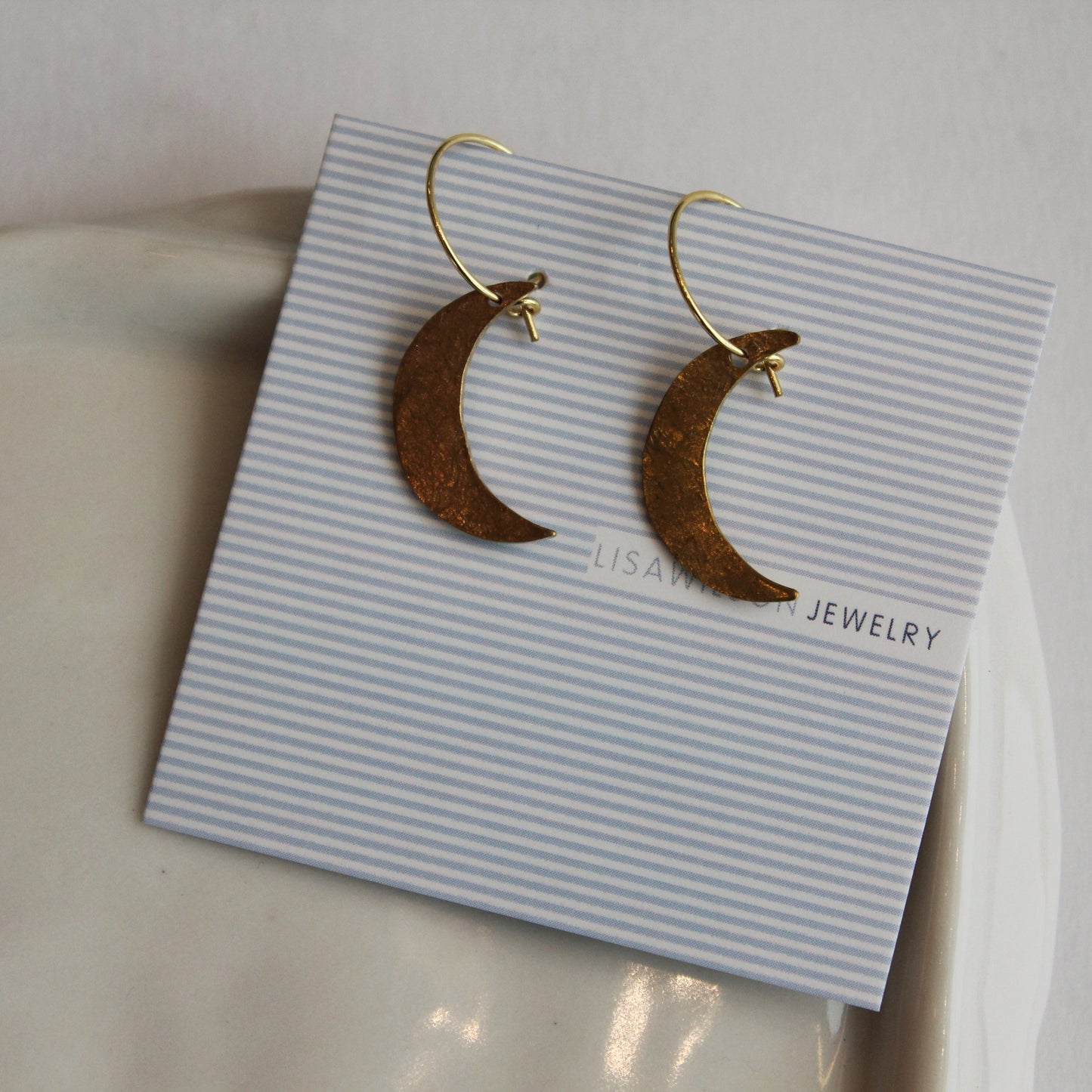 Small Gold Hoop Earrings with Hammered Brass Crescent Moons