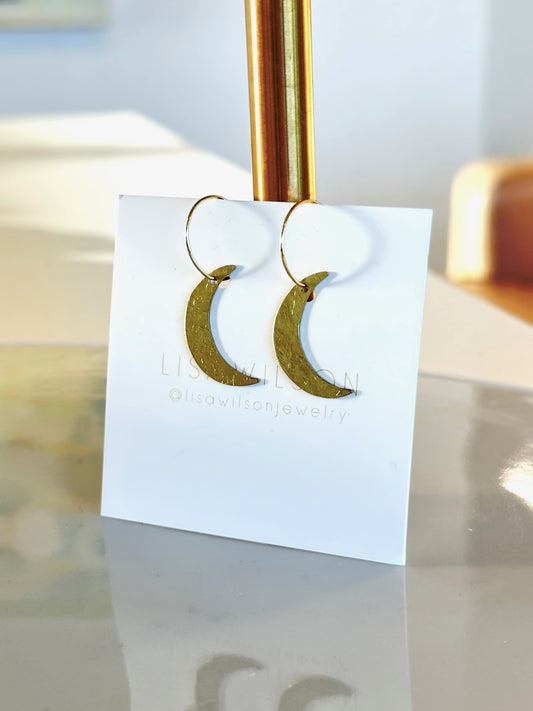 Small Brass Hoop Earrings with Hammered Brass Crescent Moon