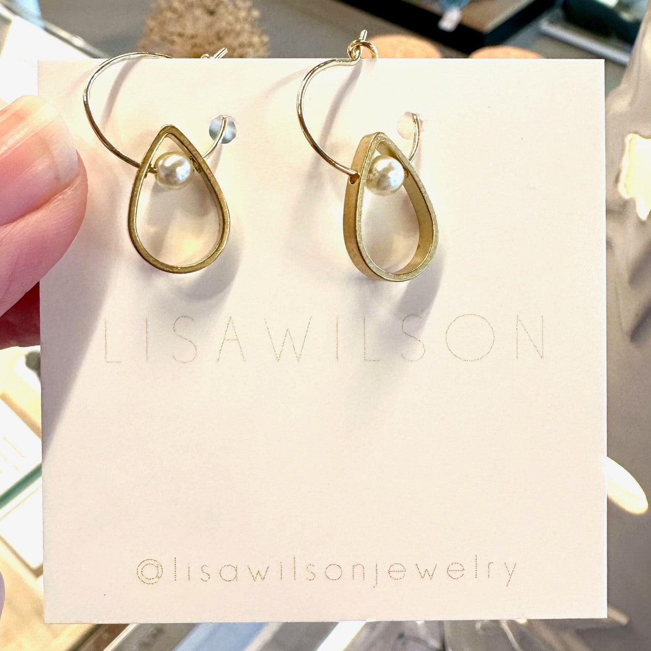 Small Brass Hoop Earrings with Teardrop Cutout and Small Freshwater Pearls