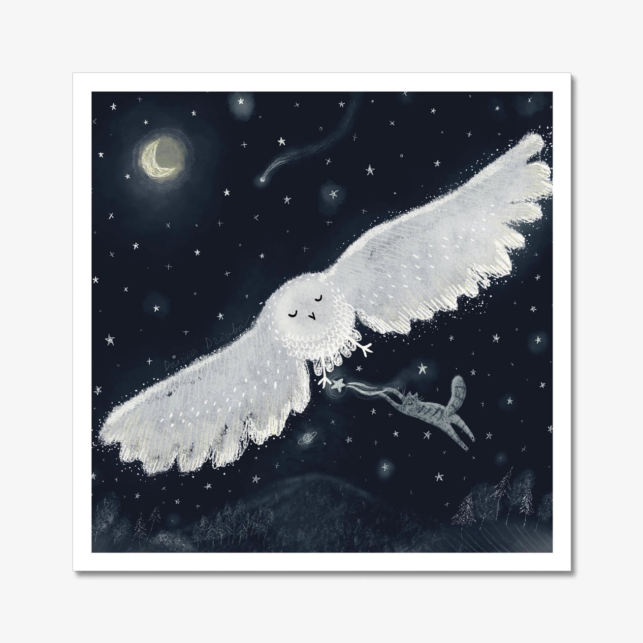 Cat Stealing Stars While Riding Owl - Art Print