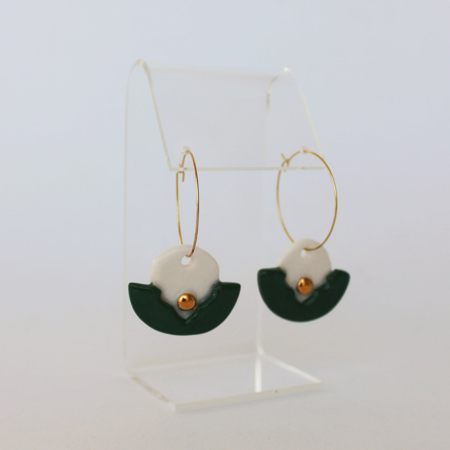 White + Green Flower Porcelain Hoop Earrings