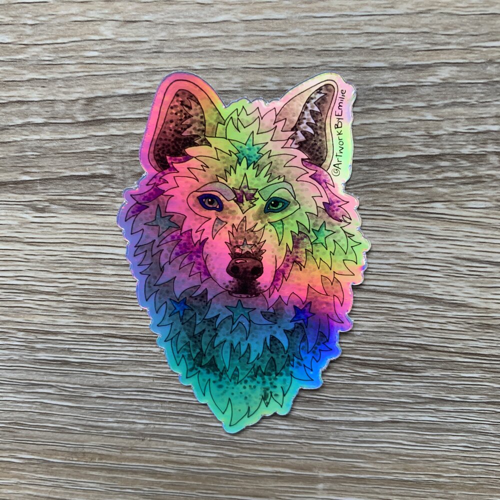 Autocollant loup holographique