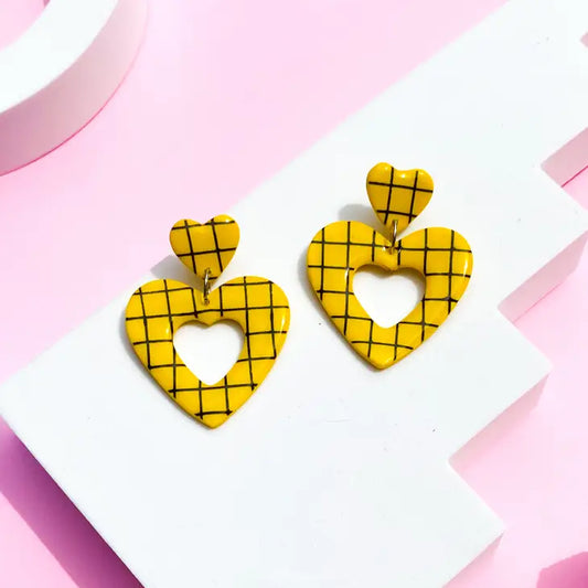 Heart Dangle Earrings in Yellow and Black Grid