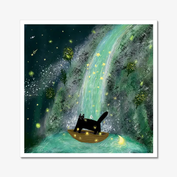 Cat On Boat in Front of Starry Waterfall - Art Print