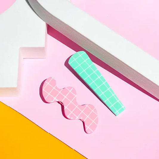 Hair Clip Duo in Seafoam and Pink Grid