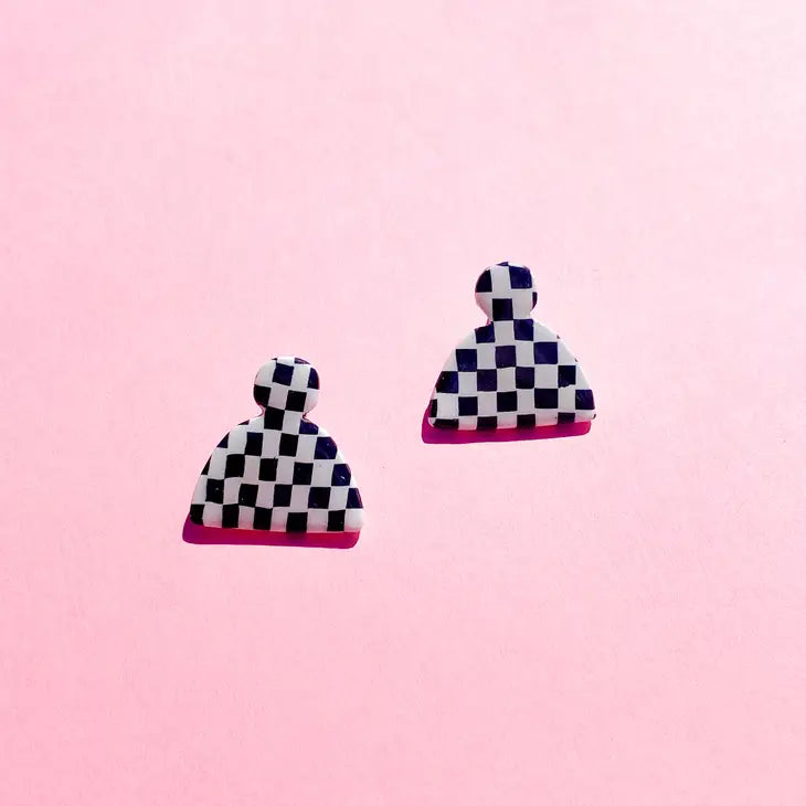 Black and White Checker Mini Stud Fan Earrings