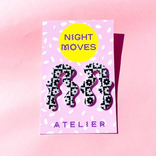 Polymer Clay Daisy Noodle Studs in Black and White