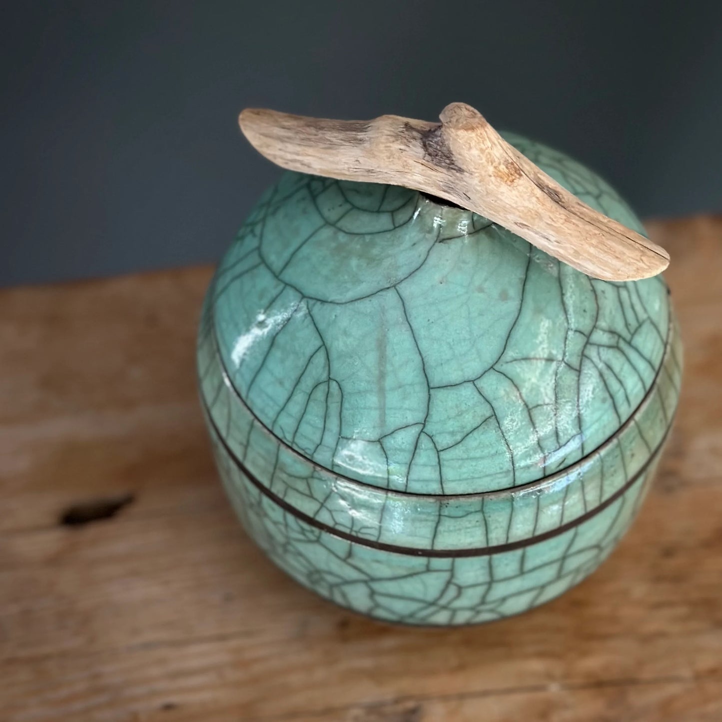 Large Green Raku Keepsake Vessel