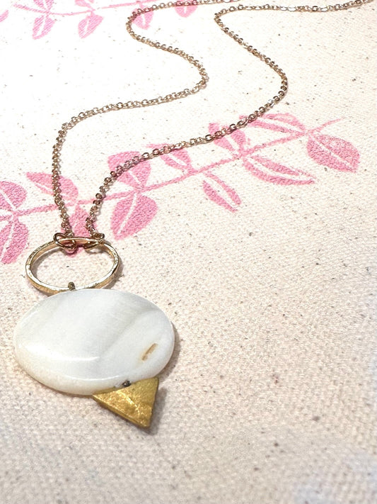 Mother of Pearl Disk Necklace with Brass Triangle