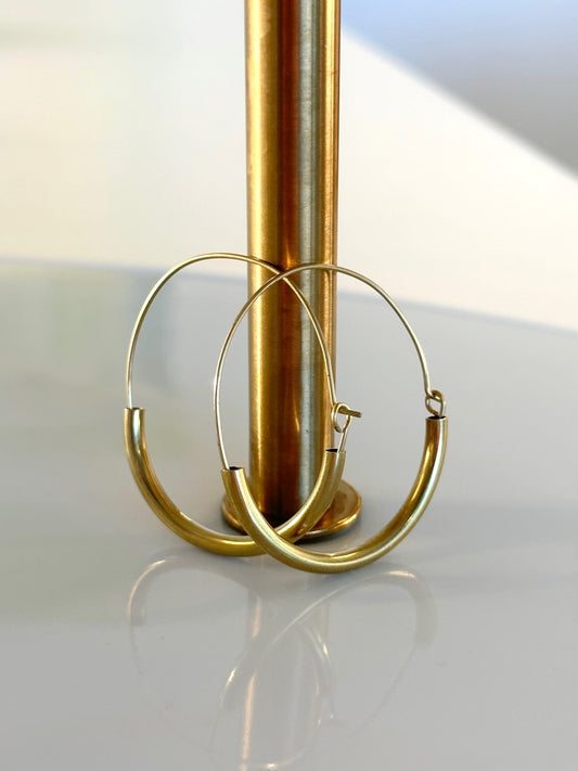 Medium Brass Hoop Earrings with Long Curved Brass Bead