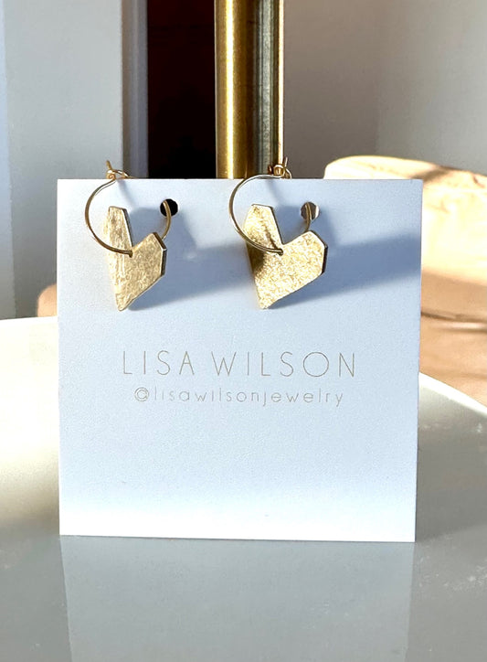 Small Brass Hoop Earrings with Hammered Brass Heart