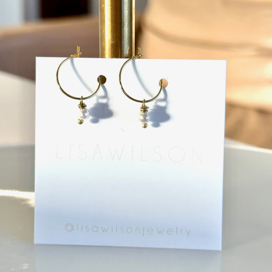 Small Brass Hoop Earrings with Freshwater Pearl Bead