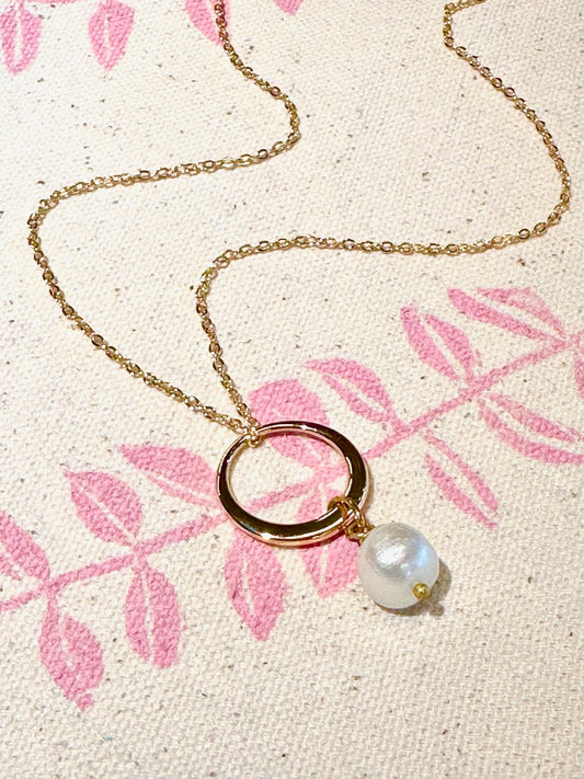Polished Gold Hoop with Large Freshwater Pearl Necklace