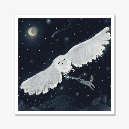 Cat Stealing Stars While Riding Owl - Art Print