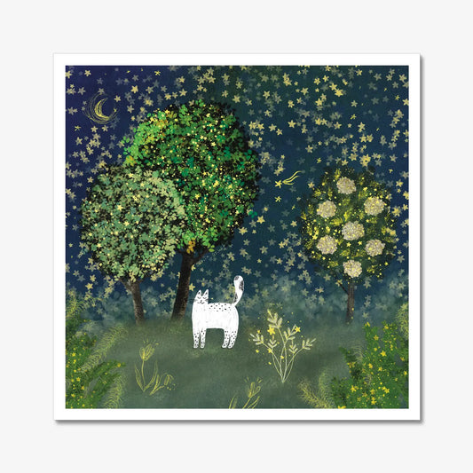 Impression d'art de chat : chat dans un jardin étoilé