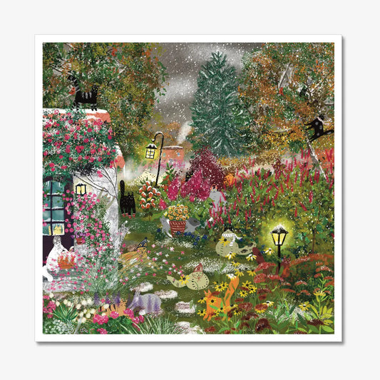 Snowy Autumn Garden with Cats - Art Print
